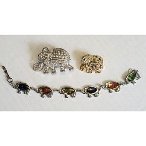 Elephant Jewelry Lot Brooches Bracelet Rhinestones Silver / Gold Tone